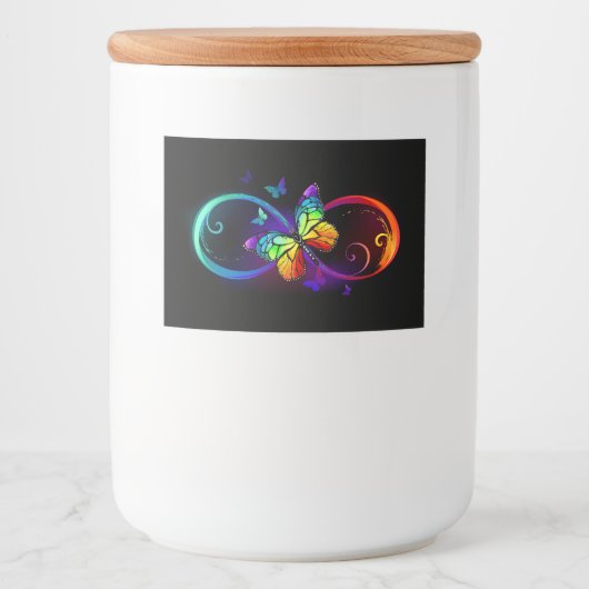 Levendige oneindigheid met een zwarte regenboogvli voedselcontainer etiket (Voorkant)