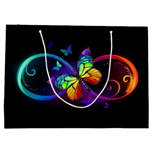 Levendige oneindigheid met regenboogvlinder op zwa groot cadeauzakje (Achterkant)