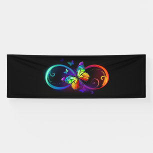 Levendige oneindigheid met regenboogvlinder op zwa spandoek