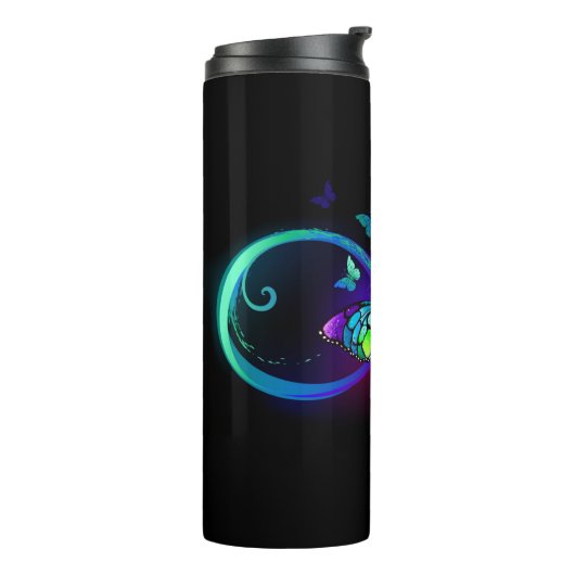 Levendige oneindigheid met regenboogvlinder op zwa thermosbeker (Gedraaid links)