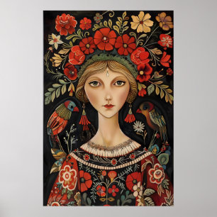 Levendige Oost-Europese volks kunst vrouw met voge Poster