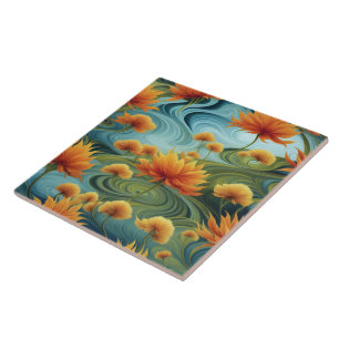 Levendige Oranje bloemen te midden van wervelende Tegeltje