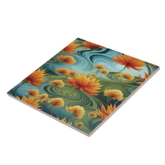 Levendige Oranje bloemen te midden van wervelende  Tegeltje (Zijkant)