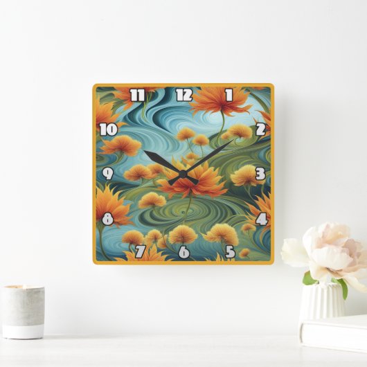 Levendige Oranje bloemen te midden van wervelende  Vierkante Klok (Huis)