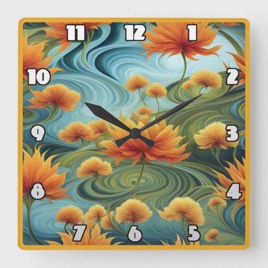 Levendige Oranje bloemen te midden van wervelende  Vierkante Klok (Voorkant)