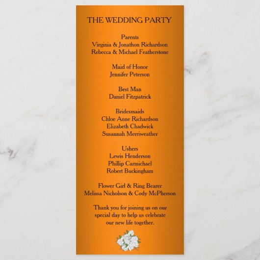 Levendige Oranje Elegante Rozen Bruiloft Programmakaart (Achterkant)