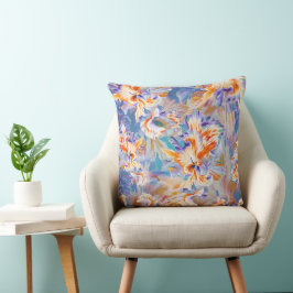 Levendige Oranje en Blauwe Abstracte Bloemenkussen Kussen