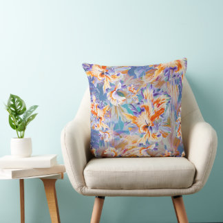 Levendige Oranje en Blauwe Abstracte Bloemenkussen Kussen