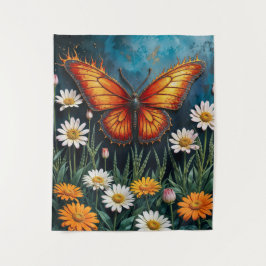 Levendige oranje insectenvlinder kamillebloemen wandkleed