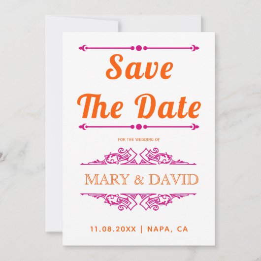 Levendige oranje magenta-typografie Opslaan Datum Save The Date (Voorkant)