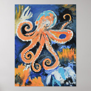 Levendige Oranje Octopus Expressionist Poster