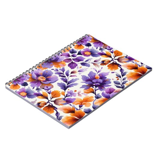 Levendige Oranje & Paarse Bloemen Waterverf | spir Notitieboek (Linkerzijde)