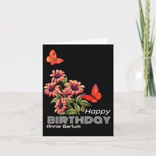 Levendige Oranje Vlinder & Zonnebloem Verjaardag K Kaart (Voorkant)