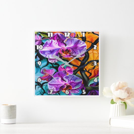 Levendige orchidee bloeit tegen een kenmerkende ac vierkante klok (Huis)
