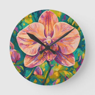 Levendige orchidee bloem Kleurrijke wandkunst Ronde Klok