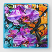 Levendige orchideeën tegen een kleurrijke achtergr vierkante klok (Voorkant)