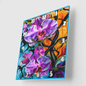 Levendige orchideeën tegen een kleurrijke achtergr vierkante klok (Hoek)