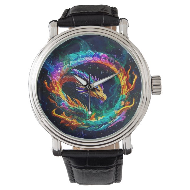 Levendige Ouroboros Draak Kunst Symbool Horloge (Voorkant)
