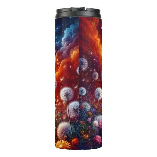 Levendige paardenbloem veld kosmische zonsondergan thermosbeker (Achterkant)