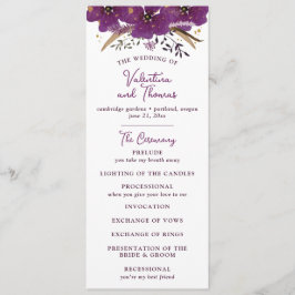 Levendige paarse bloemen en gouden glitter bruilof programmakaart