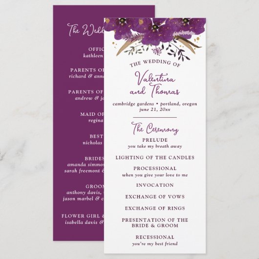 Levendige paarse bloemen en gouden glitter bruilof programmakaart (Voorkant / Achterkant)