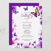 Levendige Paarse Bloemenvlinders 1e verjaardag Kaart (Voorkant / Achterkant)