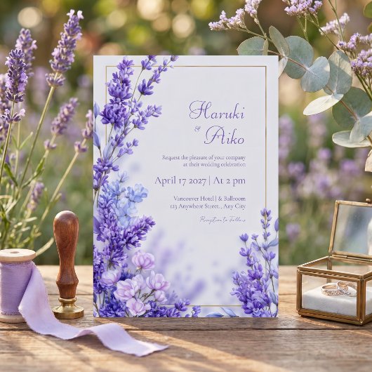Levendige Paarse Botanische Lavendel Gouden Lijst Kaart