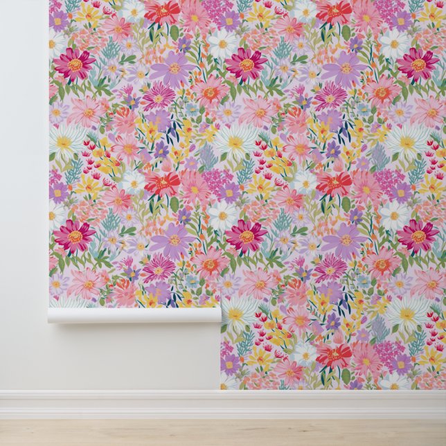 Levendige Paarse en Roze Lente Bloemen Behang (Applicatie)