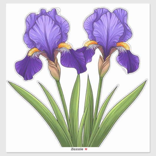 Levendige paarse irisbloemen met groene bladeren sticker (Vel)