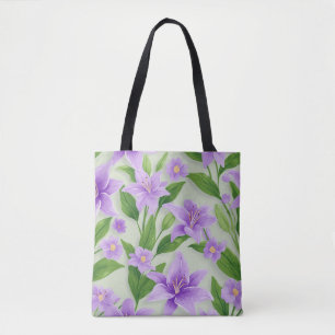 Levendige paarse lelies met groene bladeren tote bag