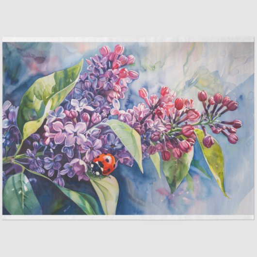 Levendige Paarse Lila Bloemen Ladybug Decoupage Tissuepapier (Voorkant)