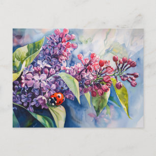 Levendige Paarse Lila Flowers lieveheersbeestje Briefkaart