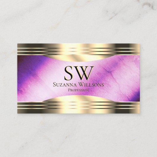 Levendige Paarse Marmeren Gouden Grenzen Met Monog Visitekaartje (Voorkant)