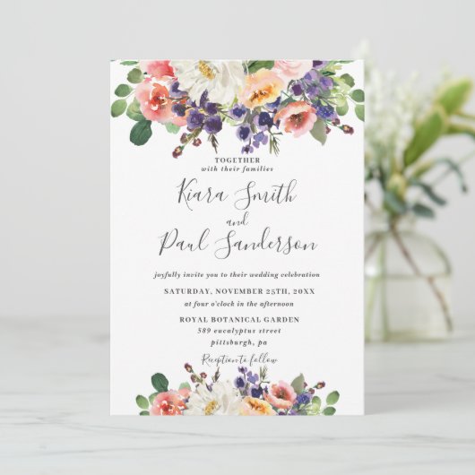 Levendige Paarse Oranje Perzik Blush Bloemen Bruil Kaart (Staand voorkant)