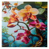 Levendige Paarse orchideeën tegen een kleurrijke a Tegeltje (Voorkant)
