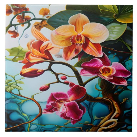 Levendige Paarse orchideeën tegen een kleurrijke a Tegeltje (Voorkant)