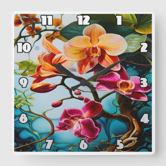 Levendige Paarse orchideeën tegen een kleurrijke a Vierkante Klok (Voorkant)