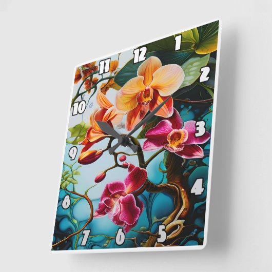 Levendige Paarse orchideeën tegen een kleurrijke a Vierkante Klok (Hoek)