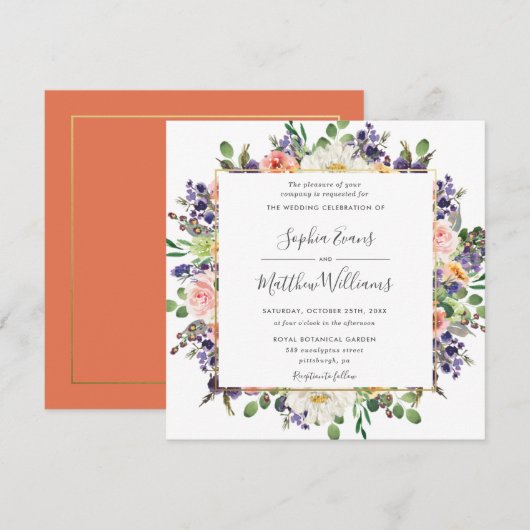 Levendige Paarse Perzik Ivoor Blush Bloemen Weddin Kaart (Voorkant / Achterkant)