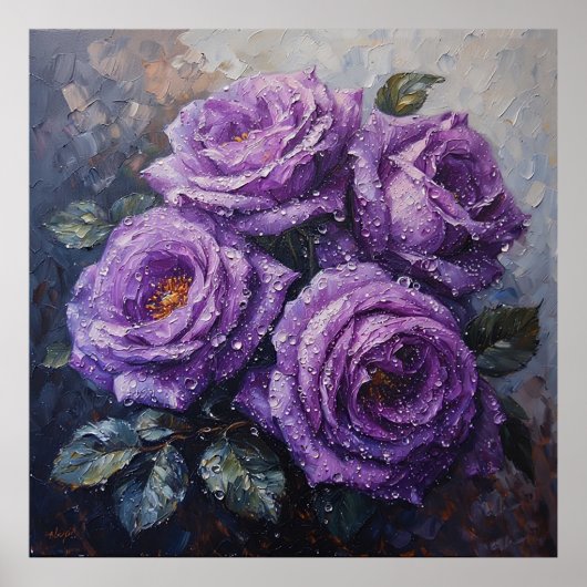 Levendige paarse rozen met dauw Olie Schilderij Poster (Voorkant)