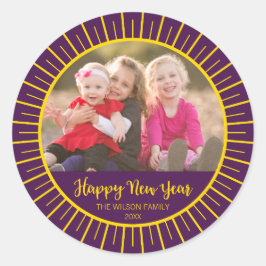 Levendige Paarse Starburst Gelukkig Nieuwjaar Foto Ronde Sticker