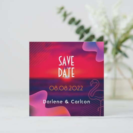 Levendige paarse zonsondergang op maat gemaakte fo save the date (Staand voorkant)