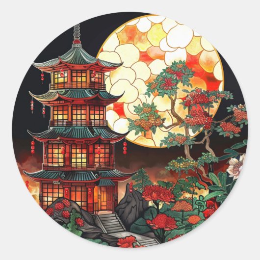 Levendige Pagoda Glas in lood Art Ronde Sticker (Voorkant)