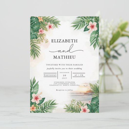 Levendige Palm Floral Arch Wedding Kaart (Staand voorkant)