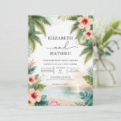 Levendige Palmen Koraal Bloom Boog Huwelijk Kaart (Staand voorkant)