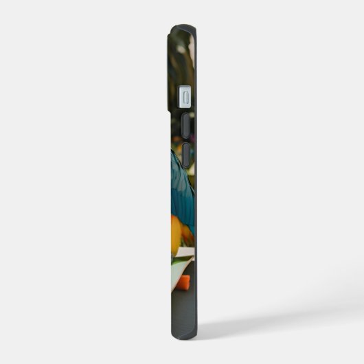 Levendige papegaai op skateboard iPhone 15 case (Linkerkant)