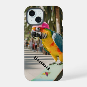 Levendige papegaai op skateboard iPhone 15 case