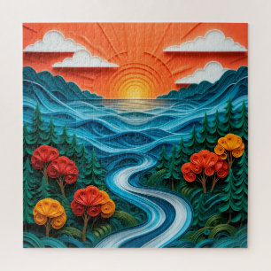 Levendige papierkunst die een serene zonsondergang legpuzzel