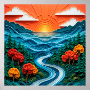 Levendige papierkunst die een serene zonsondergang poster