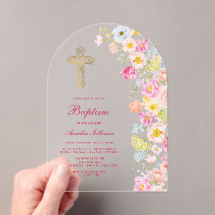Levendige Pastel Bloemen Boog Doop Acryl Uitnodigingen